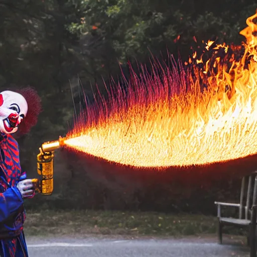 Prompt: photo of a clown using a flamethrower projecting a long flame