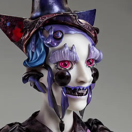 Prompt: by Yoshitaka Amano, by James Jean, by Good Smile Company, detailed resin anime sculpture of a 26yo female jester necromancer wearing a skull hat, close up dslr studio photograph, headshot, portrait, artstation, grimdark costume, rim lighting