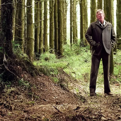 Image similar to John Nettles as DCI Tom Barnaby standing in a sunny forest clearing.