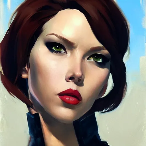 Image similar to greg manchess portrait painting of black widow as overwatch character, medium shot, asymmetrical, profile picture, organic painting, sunny day, matte painting, bold shapes, hard edges, street art, trending on artstation, by huang guangjian and gil elvgren and sachin teng