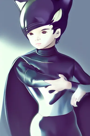 Image similar to little boy in black latex suit with cape an cat ears, artwork made by ilya kuvshinov