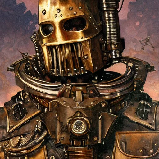 Image similar to the doomslayer as a steampunk knight, realistic closeup portrait art by norman rockwell and donato giancola and greg rutkowski, a - symmetrical