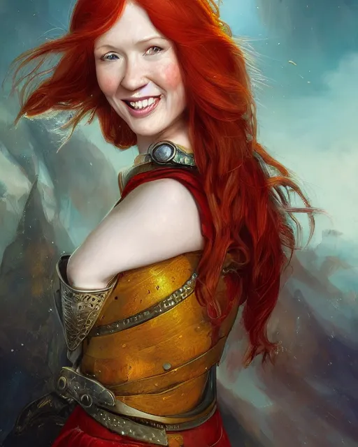 Prompt: fantasy portrait of a happy young women looking like Ellie kemper with red hair and freckles, slight smile, renaissance colorful dress, leather armor, music instrument in hand, backlit, made by Karol Bak, Artstation, 2d digital art sfw