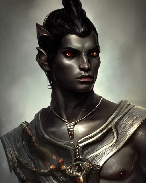 Image similar to a handsome young male dark elf, obsidian skin, fantasy, intricate, elegant, highly detailed, digital painting, artstation, concept art, sharp focus, illustration