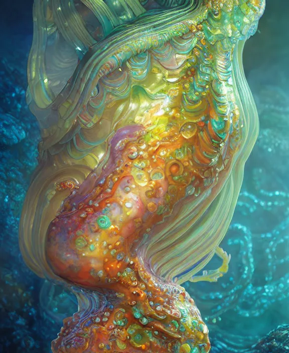 Image similar to intricate colorful transparent portrait of a terrifying beautiful alien sea slug creature, mottled coloring, adorable, childlike, biopunk environment, ultra realistic, concept art, art nouveau, photorealistic, octane render, 8 k, unreal engine. art by christopher marley and artgerm and greg rutkowski and alphonse mucha