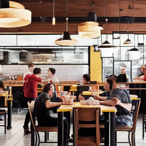 Image similar to realistic wafflehouse restaurant interior with employees and people eating breakfast