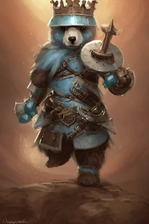 Image similar to cute little anthropomorphic bear knight wearing a cape and a crown, tiny, small, miniature bear, baby animal, short, pale blue armor, cute and adorable, pretty, beautiful, DnD character art portrait, matte fantasy painting, DeviantArt Artstation, by Jason Felix by Steve Argyle by Tyler Jacobson by Peter Mohrbacher, cinematic lighting