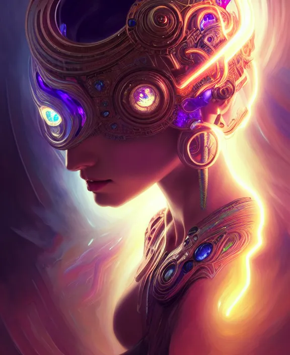 Image similar to a whirlwind of souls rushing inside the metaverse, half body, glowin eyes, tiara with sapphire, pharaoh, android, cyberpunk, d & d, fantasy, intricate, elegant, highly detailed, colorful, vivid color, digital painting, artstation, concept art, art by artgerm and greg rutkowski and alphonse mucha and ruan jia