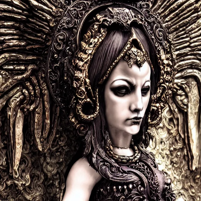 Image similar to perfectly centered portrait, close up, candid photography, goddess of death, by anne stokes, updo, highly detailed