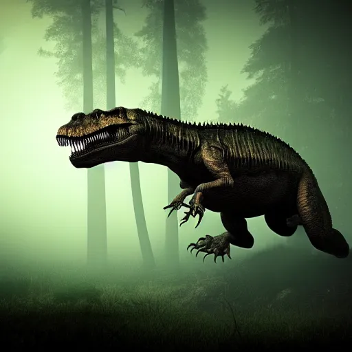 Image similar to T. rex scary. Prehistoric swamp. Moody. Volumetric light. Misty and foggy. Rich Color’s. Intricate details. Matte panting. Moody.
