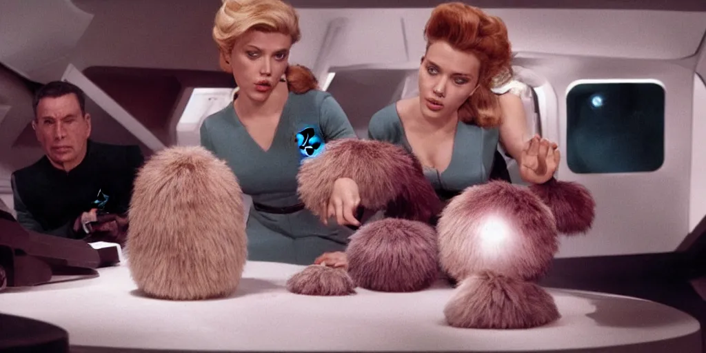 Image similar to Scarlett Johansson and Tribbles in a scene from Star Trek