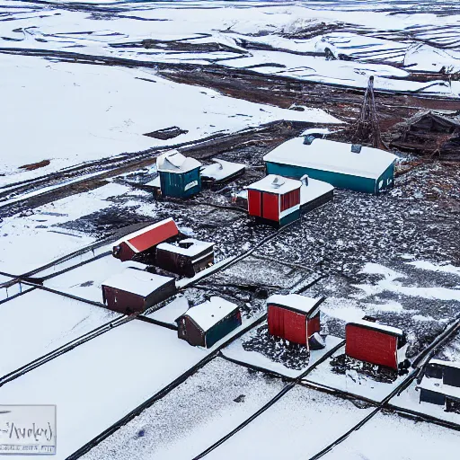 Prompt: abandoned mine and crates full of supplies buried in snow::2 snowy region on coast of Iceland, aerial drone perspective, top down view ::1 sattelite image of snow from 250 meters height, some coal boxes and barrels are covered in snow, old mine remains :: 1 post apocalyptic, snowstorm ::5