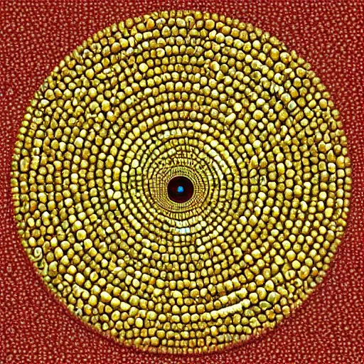 Prompt: A floating creature made of several interlocking golden rings, each ring is covered in human eyes. Extremely detailed, realism, coherent digital art