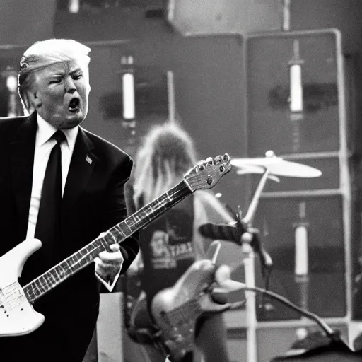 Prompt: donald trump at a concert playing guitar, long hair, heavy metal, black and white, kodak portra 4 0 0 color negative film