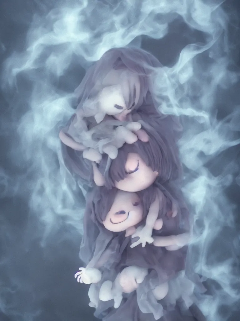 Image similar to cute fumo plush of a cursed frail witch girl held tight in the arms of a translucent ghost mother, hugging and cradling, anime, eerie pretty melting volumetric smoke and fog, dark environment map pbr reflective stormy water, gothic maiden, bokeh, vignette, vray