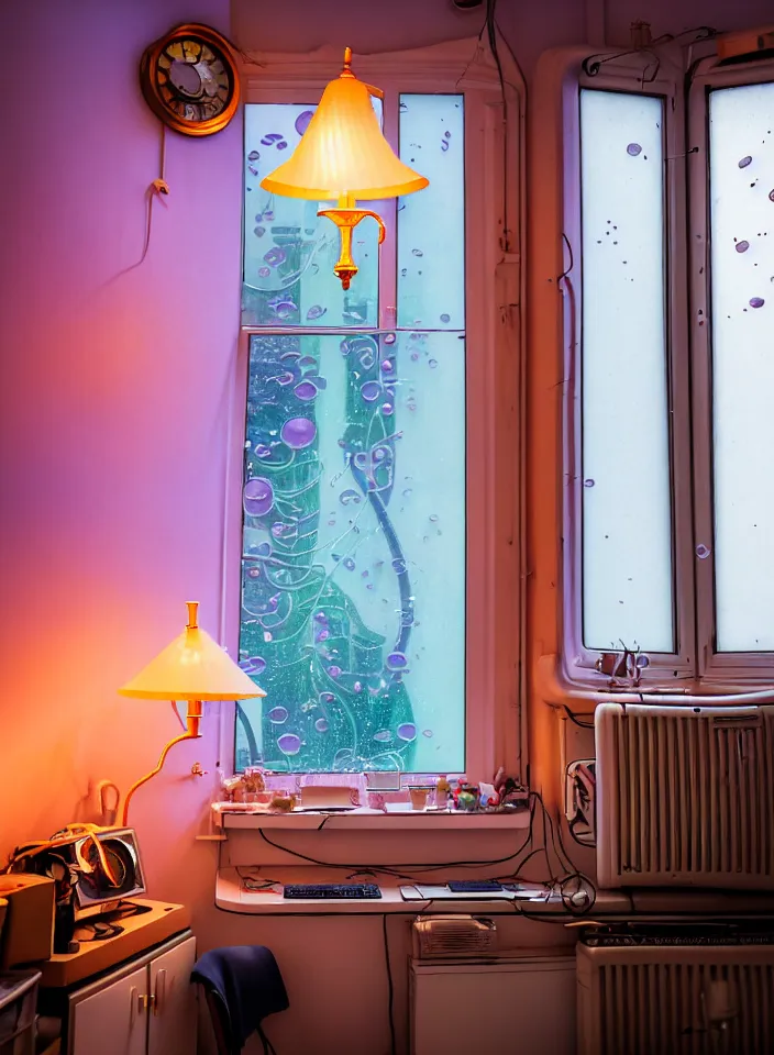 Prompt: telephoto 7 0 mm f / 2. 8 iso 2 0 0 photograph depicting the feeling of chrysalism in a cosy cluttered french sci - fi art nouveau cyberpunk apartment in a pastel dreamstate art style. ( computer screens, window ( rain ), sink, lamp ( ( ( fish tank ) ) ) ), ambient light.