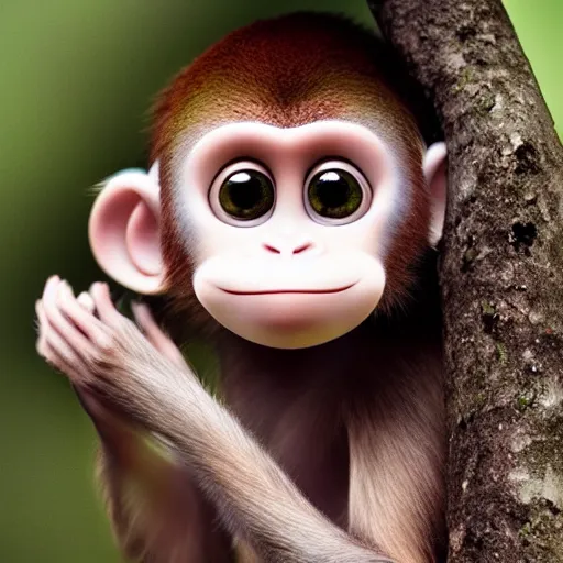 Image similar to very very very very cute chibi baby fruit monkey, portrait, pixar style, forest background, cinematic lighting, award winning creature portrait photography