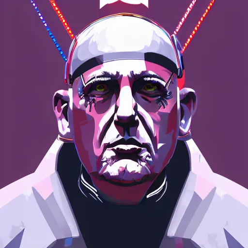 Image similar to cyberpunk pope francis as the leader of a futuristic communist nation, cybernetics, sharp lines, digital, artstation, colored in
