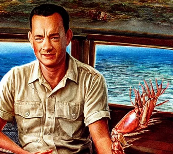 Image similar to Tom hanks as forrest gump sitting in a giant shrimp boat, majestic beautiful world, realism painting, amazing detail