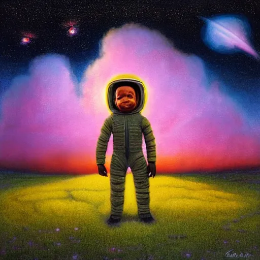 Prompt: AN 8K RESOLUTION MATTE PAINTING OF A BLACK BOY DRESSED LIKE AN ASTRONAUT IN A FIELD OF COTTON CANDY WITH FIREFLIES AT SUNSET, BY CHRIS LEIB AND Alan Bean and Agostino Arrivabene in a surreal style. Vibrant, VIVID COLORS, retro scifi, ASTROPHOTOGRAPHY,             retroscifi, synthwave
