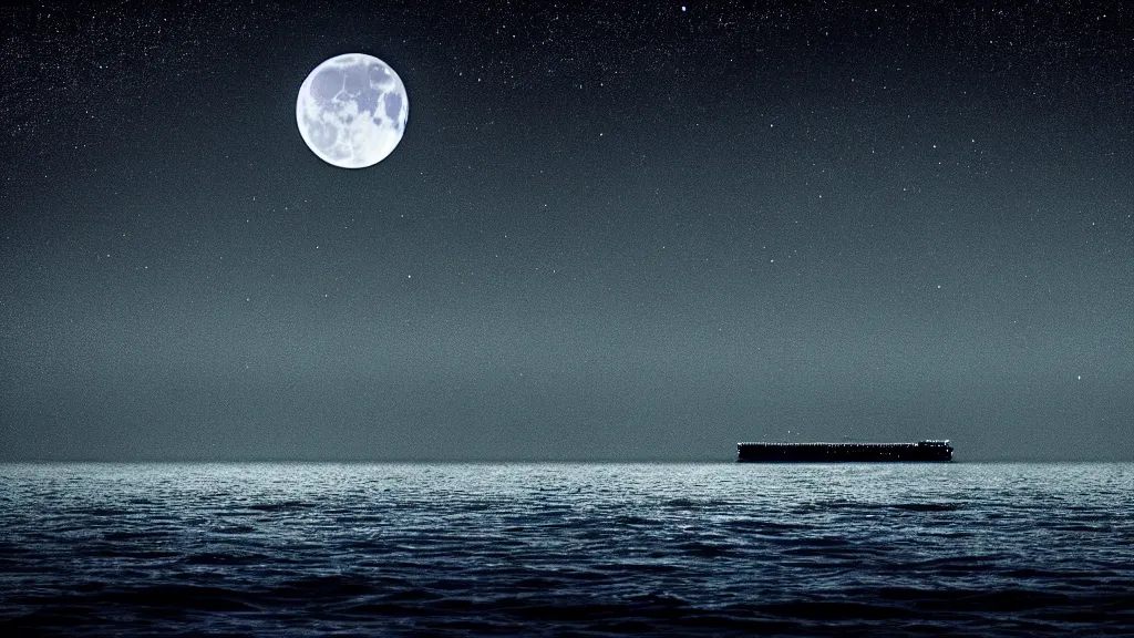 Image similar to a distant ferry sailing through a deep black ocean made of stars. Ethereal lighting. Nighttime setting with the moon reflecting off the water