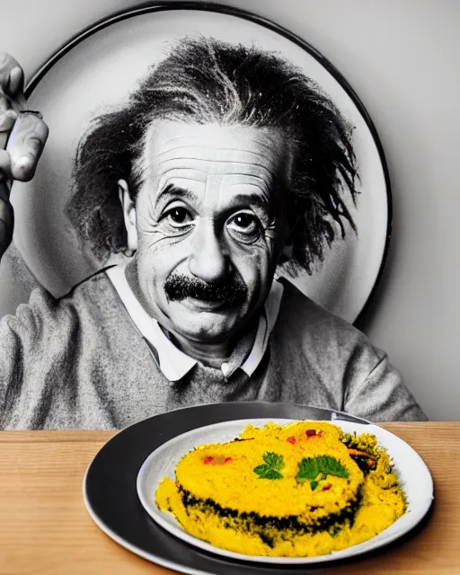 Image similar to a portrait of albert einstein sitting at the dining table with a plate containing dhokla in front of him, highly detailed, trending on artstation, bokeh, 9 0 mm, f / 1. 4