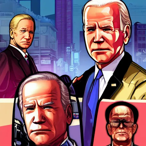 Image similar to gta chinatown wars art style as joe biden on next gta poster, with very detailed content, justify contents center, remove duplicate content.