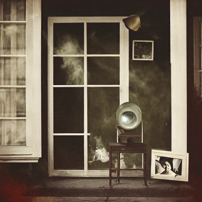 Image similar to kodak portra 4 0 0, wetplate, fisheye, award - winning portrait by britt marling, 1 9 2 0 s outside porch, ghost, picture frames, shining lamps, dust, smoke, 1 9 2 0 s furniture, wallpaper, carpet, books, muted colours, wood, fog,