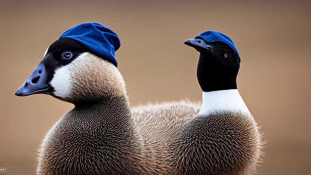 Image similar to Canadian Goose with a funny hat, Portrait Photo, Photorealistic, 100mm lens, Nat Geo Award Winner, 8k, UHD, (((((bokeh)))))