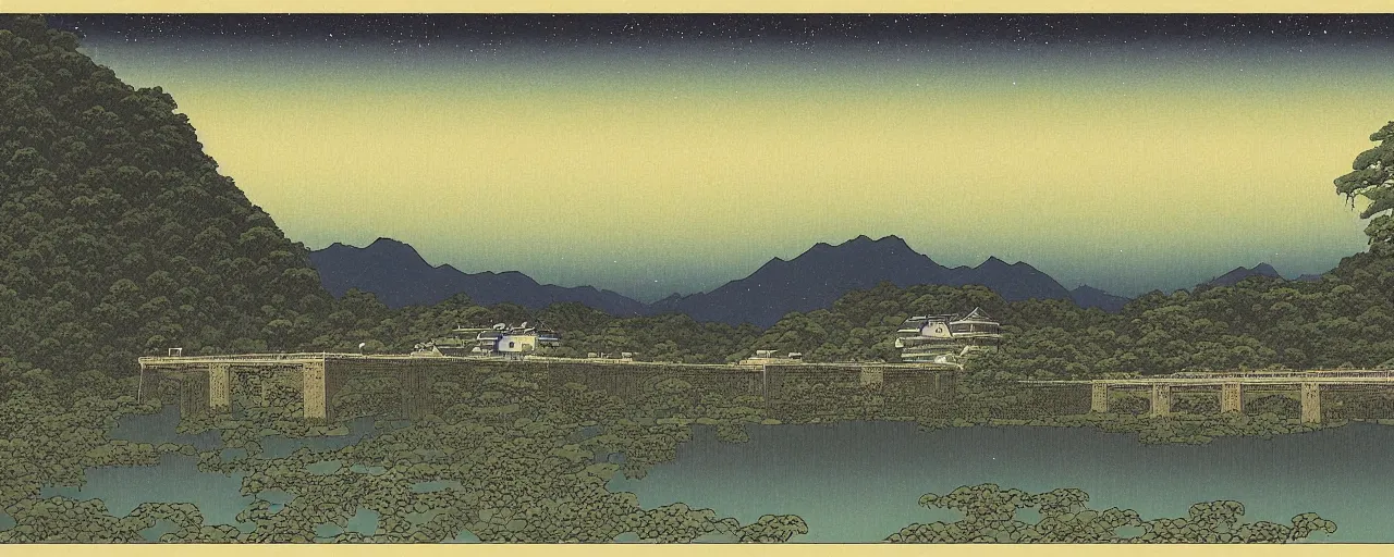 Image similar to landscape artwork of multiple large interconnected castles,moat,bridge,mountains,digital art,night sky,by Kawase Hasui masterpiece,high quality,pretty,fantasy,impossible