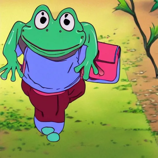 Image similar to cute frog running late for school, anime screencap, cute