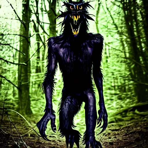 Image similar to werecreature consisting of a human and crow, photograph captured in a forest