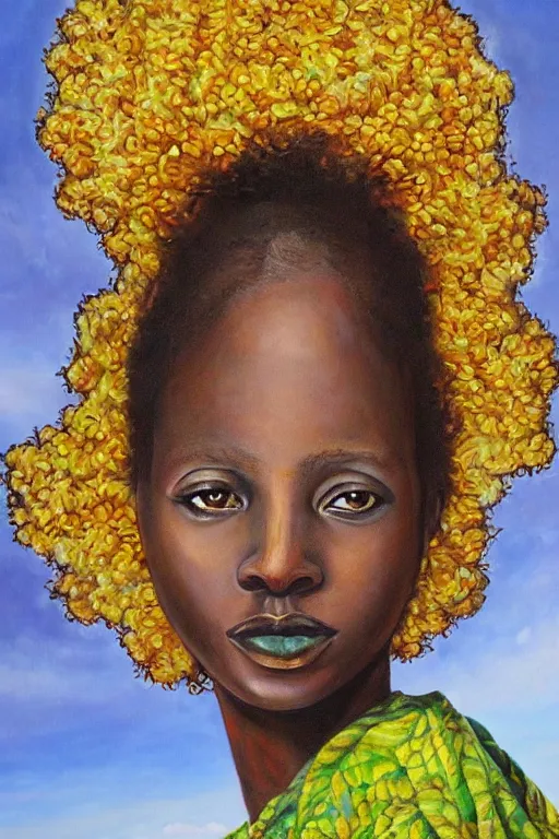 Prompt: painting of african mother nature floating through the sky, inspired by gustav moreau and wayne barlow, exquisite detail, hyper realism, ornate, exquisite detail, cute face