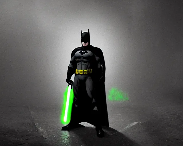 Image similar to a photograph of Batman holding a green lightsaber in a dark city alleyway at nighttime