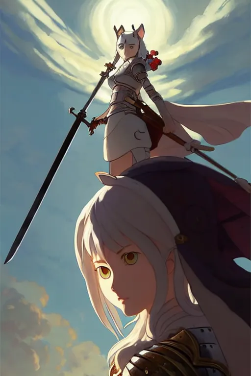 Prompt: a full body of the female knight with a cat on her head with gigantic sword, finely detailed features, closeup at the faces, perfect art, gapmoe yandere grimdark, trending on pixiv fanbox, painted by miura kentaro greg rutkowski makoto shinkai takashi takeuchi studio ghibli, akihiko yoshida