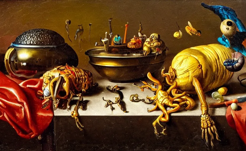 Image similar to disturbing colorful oil painting dutch golden age vanitas still life with bizarre objects strange gooey surfaces shiny metal bizarre insects rachel ruysch dali todd schorr very detailed perfect composition rule of thirds masterpiece canon 5 0 mm, cinematic lighting, photography, retro, film, kodachrome