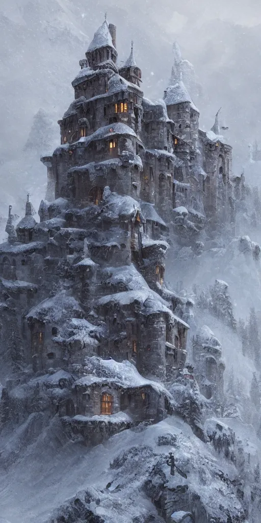 Prompt: a abandoned castle on the top of a snowy mountain, greg rutkowski, 8 k, shallow depth of field, intricate detail, concept art,