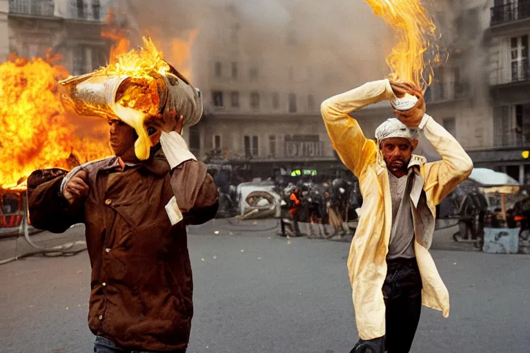 Image similar to closeup potrait of a man carrying molten cheese over his head during a fire in Paris, photograph, natural light, sharp, detailed face, magazine, press, photo, Steve McCurry, David Lazar, Canon, Nikon, focus