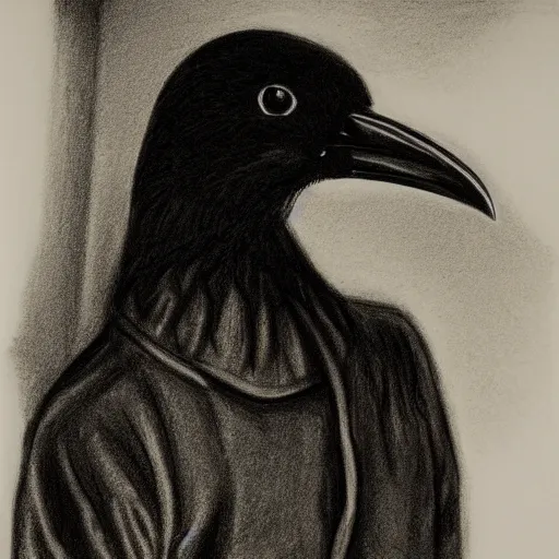 Image similar to a crow wearing a bathrobe in a hotel room, graphite drawing, 1998