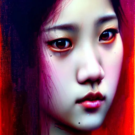 Image similar to jisoo of blackpink, hyperrealistic portrait, bladerunner street, by karol bak and agnes cecile, fantasy art, photo realistic, dynamic lighting, artstation, poster, volumetric lighting, very detailed face, intricate complexity, rule of thirds, 8 k, award winning, unreal engine