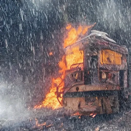 Prompt: trainwreck, boxcar on fire, atmospheric and depressed, post-apocalyptic, Cinematic, film still from a horror movie