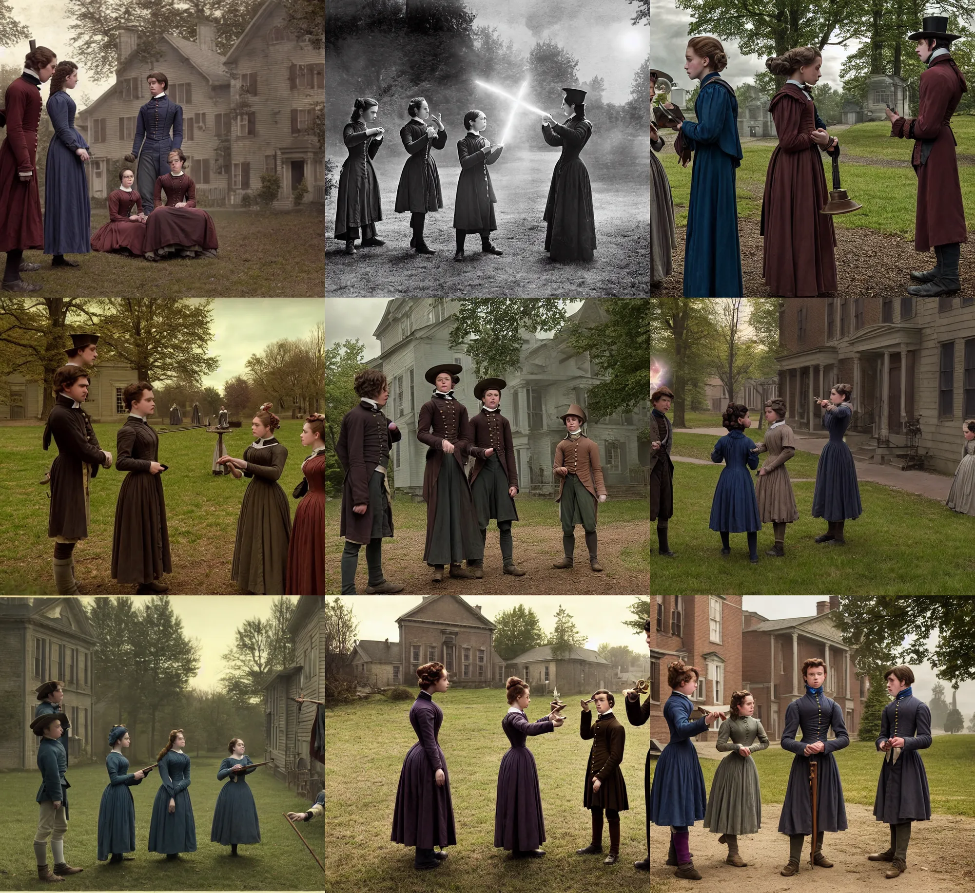 Prompt: sharp lens, detailed, film still from a 2 0 1 9 sci fi color movie, set in 1 8 5 0 in an alternate universe, mid distant shot of three students practicing magic, outside the school of magic, 1 8 5 0 s clothing, atmospheric lighting, in focus, reflective faces, 3 5 mm macro lens, live action, good special effects