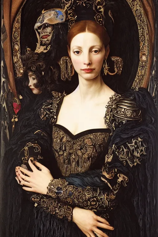 Prompt: very beautiful portrait of christine turlington as princess of the dark tattoo world, magical monster in her arms at the front, by jan van eyck, frederic leighton, mysticism, intricate, highly ornate dark silvery trim armoury