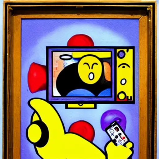 Image similar to pacman taking a selfie, surrealist painting