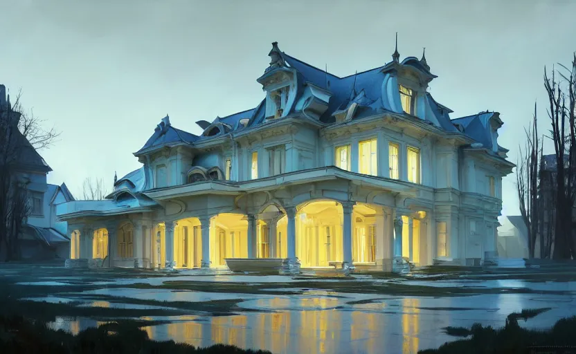 Image similar to painting of a wide angle exterior shot of a white architecture house with cinematic lighting by zaha hadid and peterzumthor, darek zabrocki and greg ruthkowski, alphonse mucha, simon stalenhag and cinematic and blue cold atmospheric, archillect concept art, artstation, trending on artstation