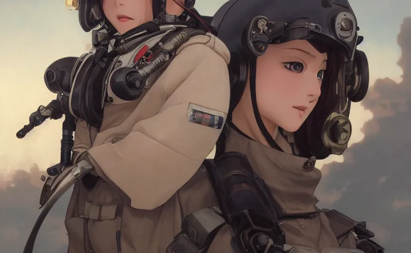 Image similar to pilot girl, cyborg aircraft parts, anime style, vintage pilot clothing, shoulder eyes, last exile anime, hair down, symmetrical facial features, from arknights, hyper realistic, 4 k, rule of thirds, extreme detail, detailed drawing, trending artstation, realistic lighting, by alphonse mucha, greg rutkowski, parachute backpack