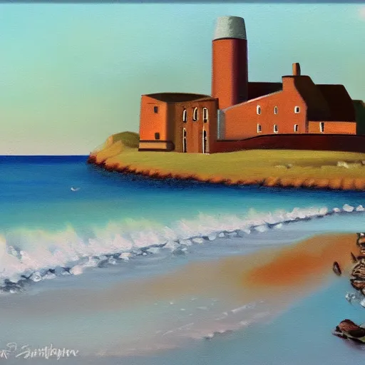 Image similar to old Scotland distillery in the seashore, oil painting style,