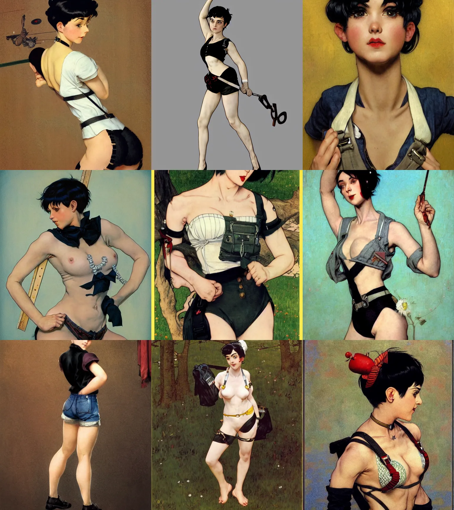 Prompt: a girl with black hair pixie cut in shorts with suspenders drawn by bengus, norman rockwell, frank frazetta, peter paul rubens, alphonse mucha, gustav klimt 4k, unreal 5, DAZ, trending on artstation, octane render, hyperrealistic