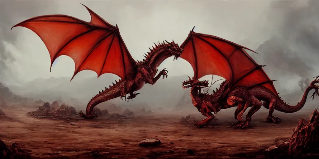 Prompt: realistic painting of a dragon eating its own heart, post - war scenery, red - toned mist, epic environment, skeletons, ultra wide angle, 8 k, ultra _ realistic, art by nills ham and alan lee