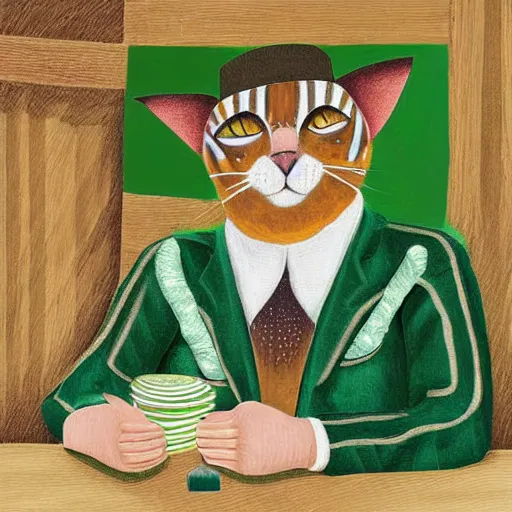 Image similar to digital art of ginger striped cat sitting at a table playing cards with an ox dressed in a green suede suit